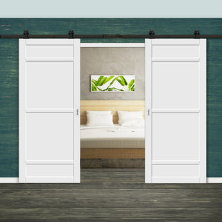 Image: Top Mounted Black Sliding Track & Solid Wood Double Doors - Eco-Urban® Malvan 4 Panel Doors DD6414 - Cloud White Premium Primed