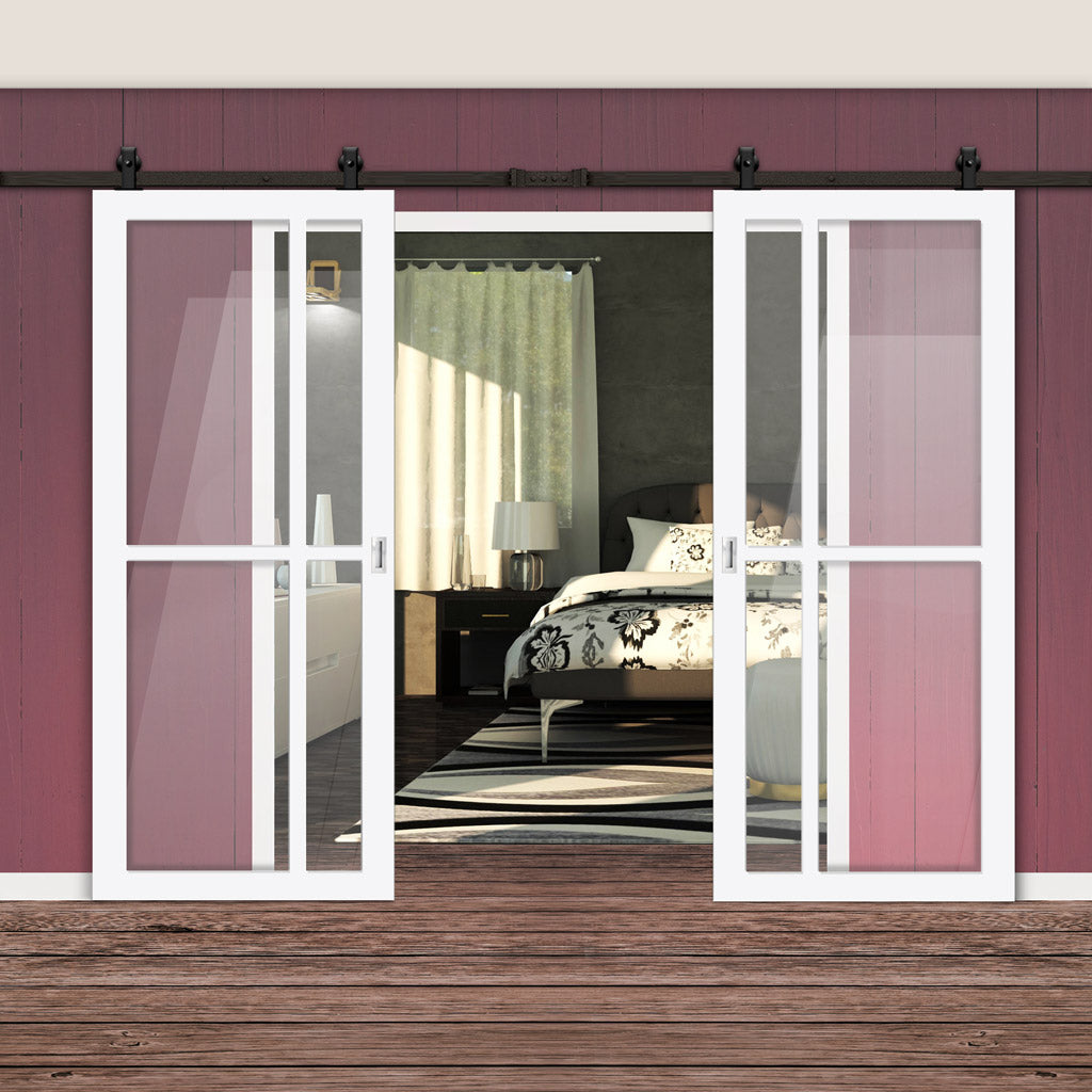 Top Mounted Black Sliding Track & Solid Wood Double Doors - Eco-Urban® Marfa 4 Pane Doors DD6313G - Clear Glass - Cloud White Premium Primed