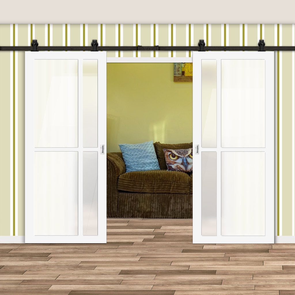 Top Mounted Black Sliding Track & Solid Wood Double Doors - Eco-Urban® Marfa 4 Pane Doors DD6313SG - Frosted Glass - Cloud White Premium Primed