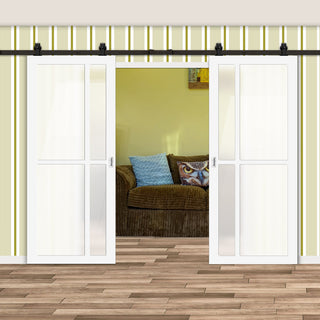 Image: Top Mounted Black Sliding Track & Solid Wood Double Doors - Eco-Urban® Marfa 4 Pane Doors DD6313SG - Frosted Glass - Cloud White Premium Primed