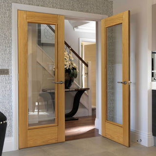 Image: J B Kind Medina Oak Door Pair - Clear Lined Glass - Prefinished