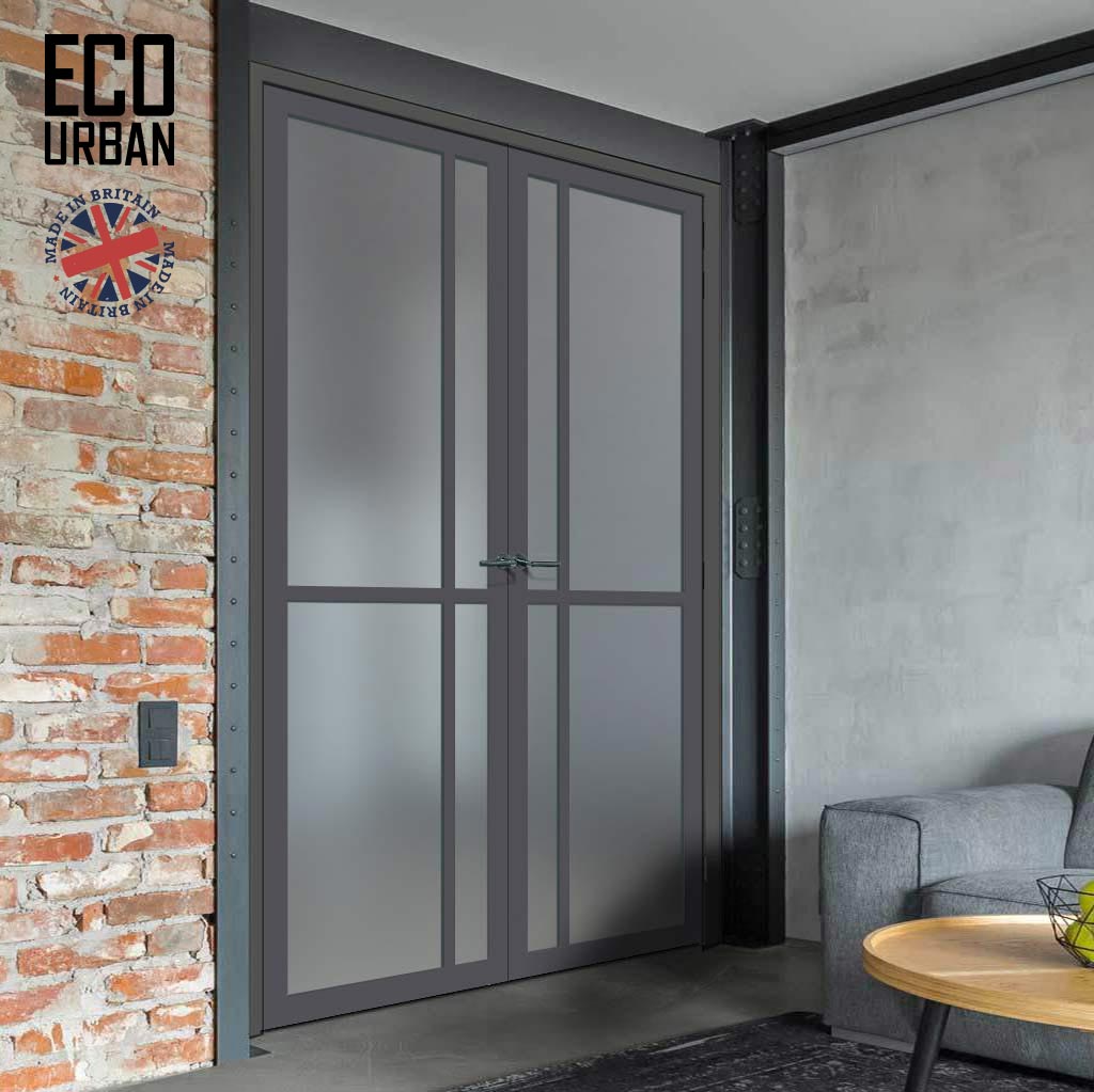 Eco-Urban Marfa 4 Pane Solid Wood Internal Door Pair UK Made DD6313SG - Frosted Glass - Eco-Urban® Stormy Grey Premium Primed