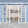 Top Mounted Black Sliding Track & Solid Wood Double Doors - Eco-Urban® Metropolitan 7 Pane Doors DD6405G Clear Glass - Cloud White Premium Primed