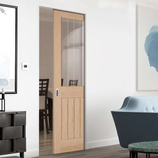 Image: Belize Oak Absolute Evokit Single Pocket Doors - Silkscreen Etched Clear Glass - Unfinished