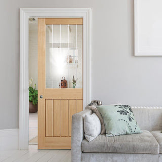 Image: Mexicano Oak Single Evokit Pocket Door - Half Light Clear Glass - Frosted Lines