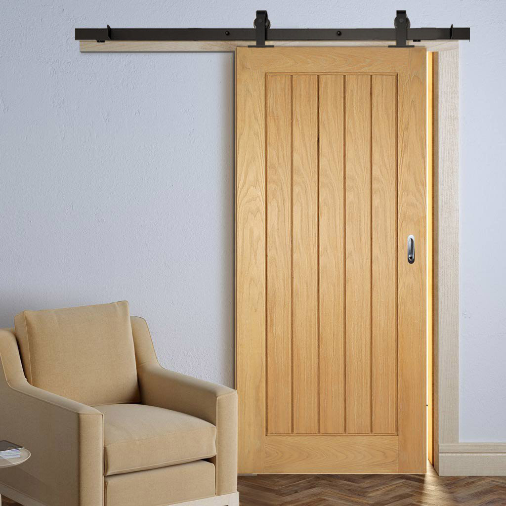 Top Mounted Black Sliding Track & Door - Mexicano Oak Door - Unfinished