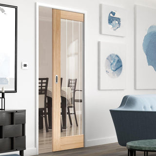 Image: Mexicano Oak Pattern 10 Single Evokit Pocket Door - Clear Glass - Frosted Lines