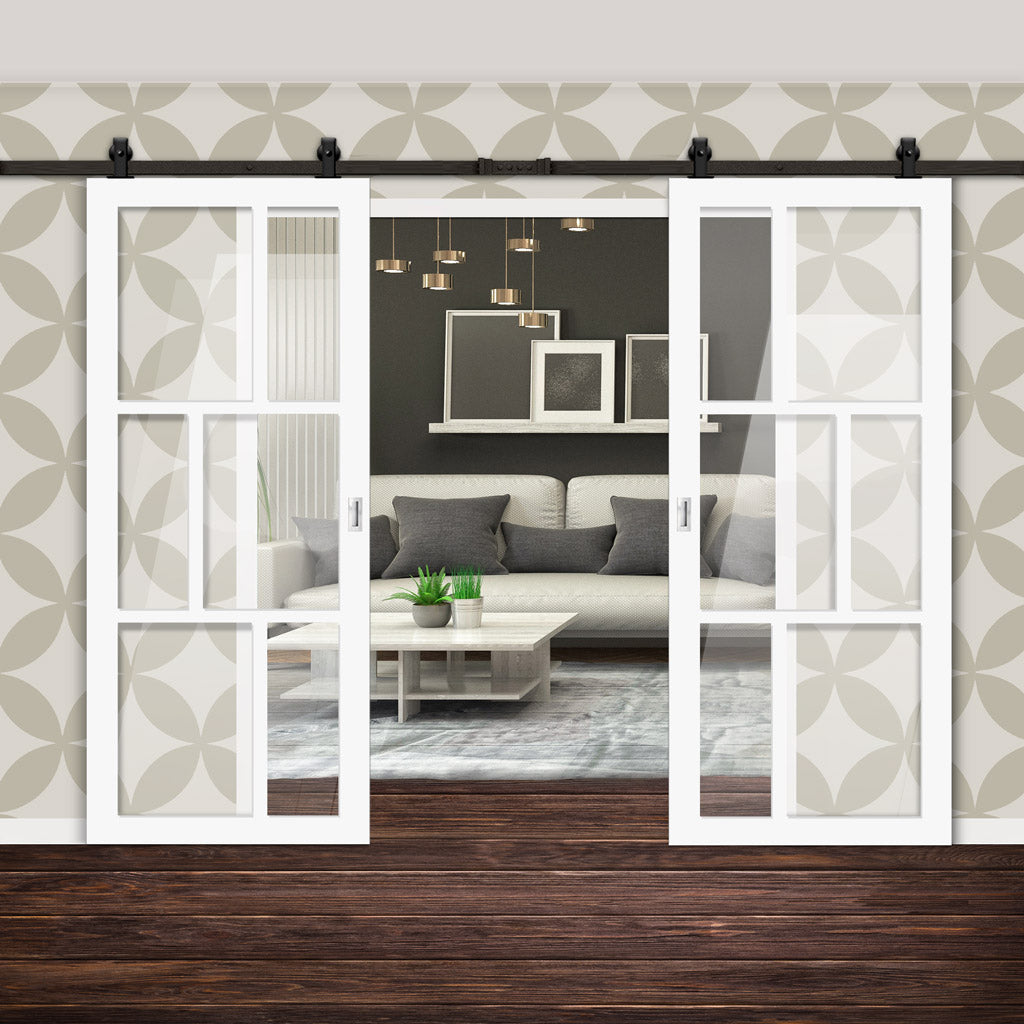 Top Mounted Black Sliding Track & Solid Wood Double Doors - Eco-Urban® Milan 6 Pane Doors DD6422G Clear Glass - Cloud White Premium Primed