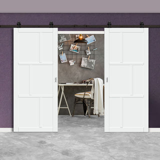 Image: Top Mounted Black Sliding Track & Solid Wood Double Doors - Eco-Urban® Milan 6 Panel Doors DD6422 - Cloud White Premium Primed