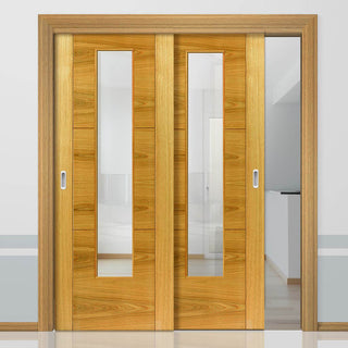 Image: Two Sliding Doors and Frame Kit - Mistral Flush Oak Door - Decor Grooves - Clear Glass - Prefinished