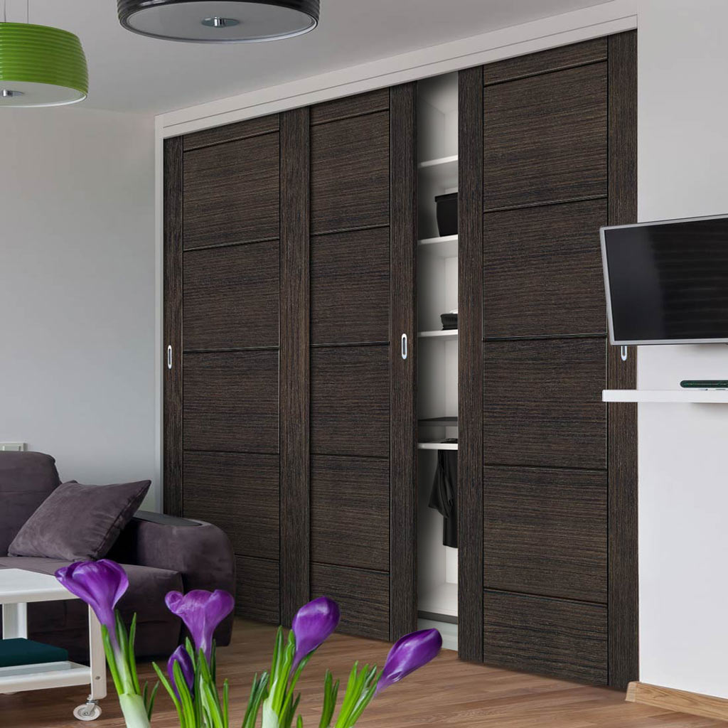 Three Sliding Maximal Wardrobe Doors & Frame Kit - Montreal Prefinished Dark Grey Ash Door