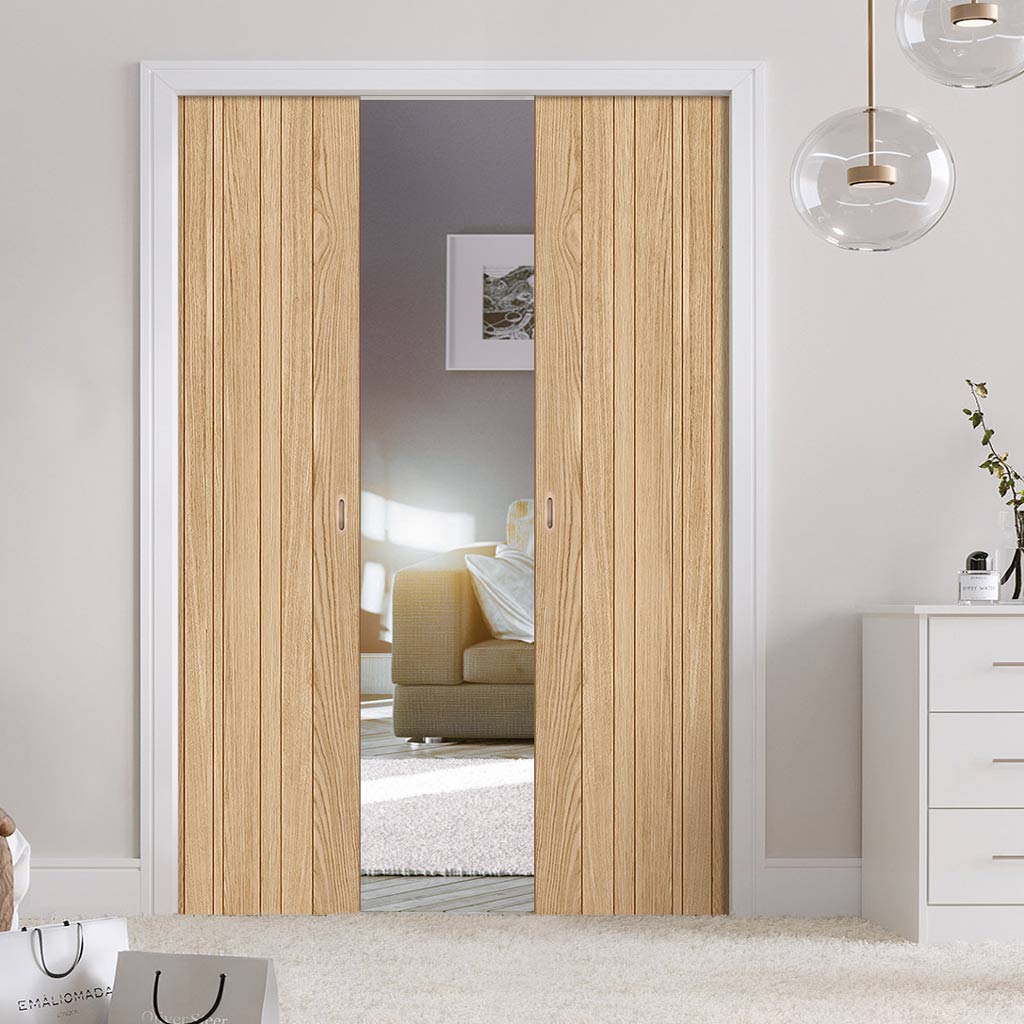 Montreal Oak Flush Internal Double Evokit Pocket Doors - Prefinished