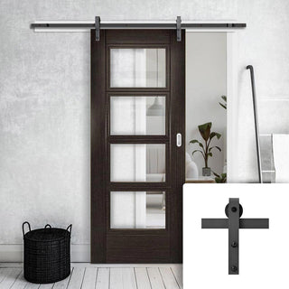 Image: Single Sliding Door & Black Barn Track - Montreal Dark Grey Ash Door - Clear Safety Glass - Prefinished