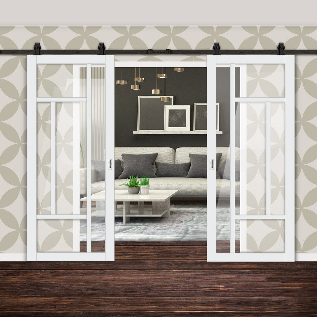 Top Mounted Black Sliding Track & Solid Wood Double Doors - Eco-Urban® Morningside 5 Pane Doors DD6437G Clear Glass - Cloud White Premium Primed