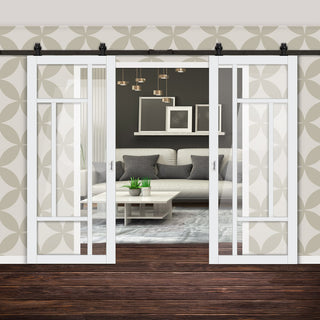 Image: Top Mounted Black Sliding Track & Solid Wood Double Doors - Eco-Urban® Morningside 5 Pane Doors DD6437G Clear Glass - Cloud White Premium Primed