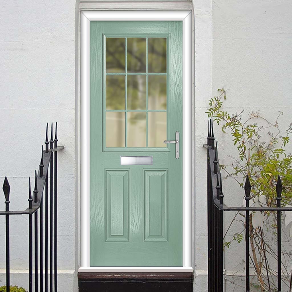 Premium Composite Front Door Set - Mulsanne 1 Geo Bar Clear Glass - Shown in Chartwell Green