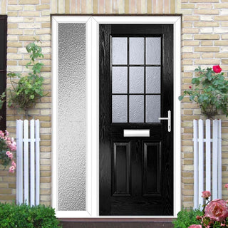 Image: Premium Composite Front Door Set with One Side Screen - Mulsanne 1 Geo Bar Mayflower Glass - Shown in Black
