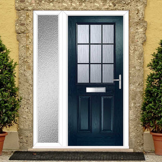 Image: Premium Composite Front Door Set with One Side Screen - Mulsanne 1 Geo Bar Cotswold Glass - Shown in Blue