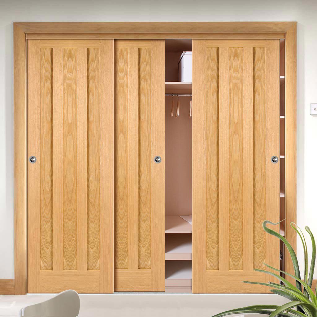 Three Sliding Wardrobe Doors & Frame Kit - Idaho 3 Panel Oak Door - Unfinished