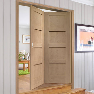 Image: Bespoke Thrufold Shaker Oak 4 Panel Folding 2+0 Door - Prefinished