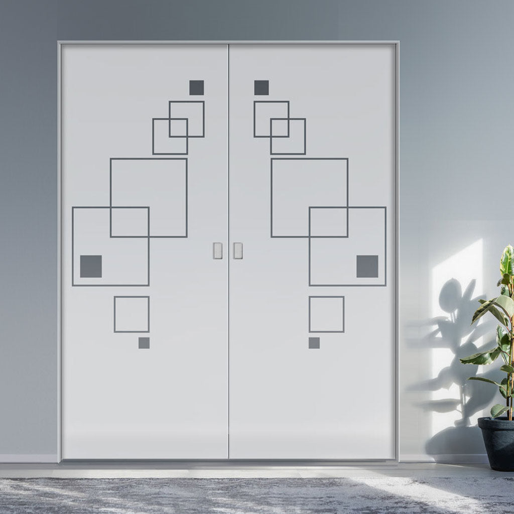 Geometric Square 8mm Obscure Glass - Clear Printed Design - Double Absolute Pocket Door