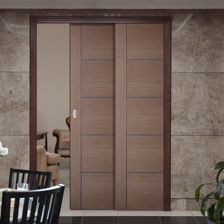 Image: Vancouver Chocolate Grey Staffetta Twin Telescopic Pocket Doors - Prefinished
