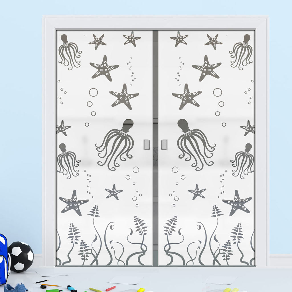 Octopus 8mm Obscure Glass - Clear Printed Design - Double Evokit Glass Pocket Door