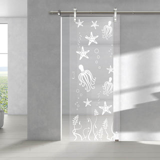 Image: Single Glass Sliding Door - Solaris Tubular Stainless Steel Sliding Track & Octopus 8mm Clear Glass - Obscure Printed Design
