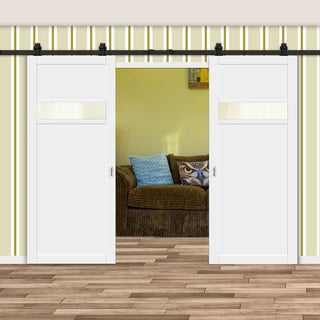 Image: Top Mounted Black Sliding Track & Solid Wood Double Doors - Eco-Urban® Orkney 1 Pane 2 Panel Doors DD6403SG Frosted Glass - Cloud White Premium Primed