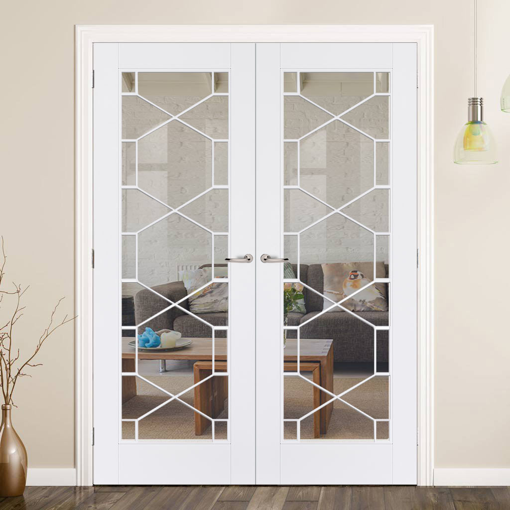 Orly Internal Door Pair - Clear Glass - White Primed