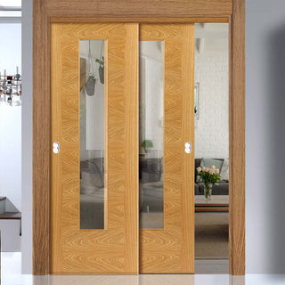 Image: Two Sliding Doors and Frame Kit - Ostria Flush Oak Door - Clear Glass - Prefinished
