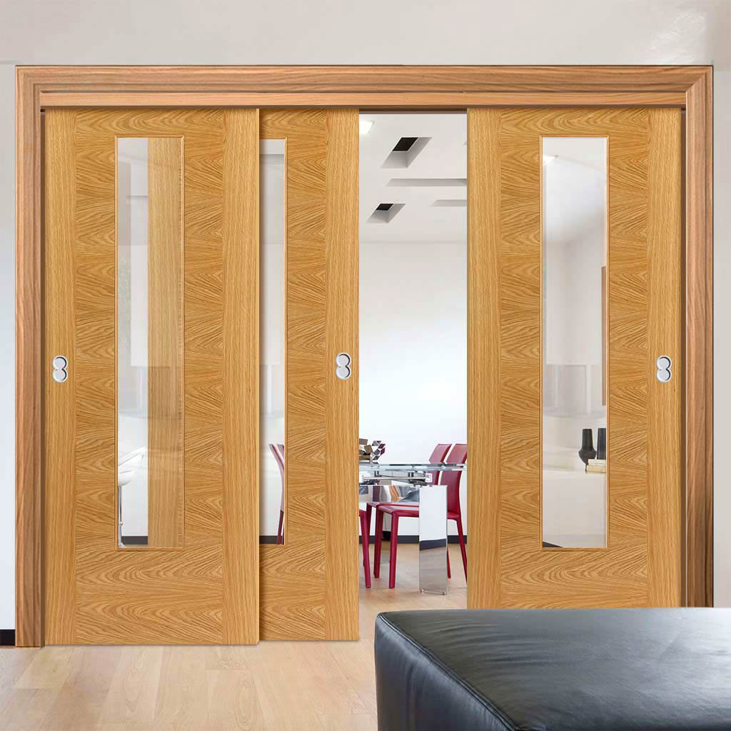 Three Sliding Doors and Frame Kit - Ostria Flush Oak Door - Clear Glass - Prefinished