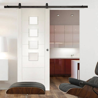 Image: Top Mounted Black Sliding Track & Door - Palermo Door - Obscure Glass - White Primed