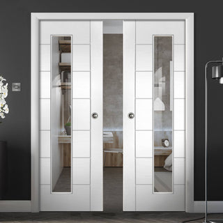 Image: Palermo 1 Pane Flush Double Evokit Pocket Doors - Clear Glass - White Primed