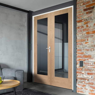 Image: Pattern 10 Oak Internal Door Pair - Clear Glass - Prefinished