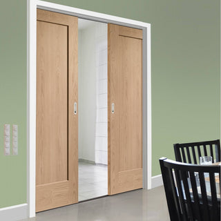 Image: Pattern 10 Oak 1 Panel Double Evokit Pocket Doors - Prefinished
