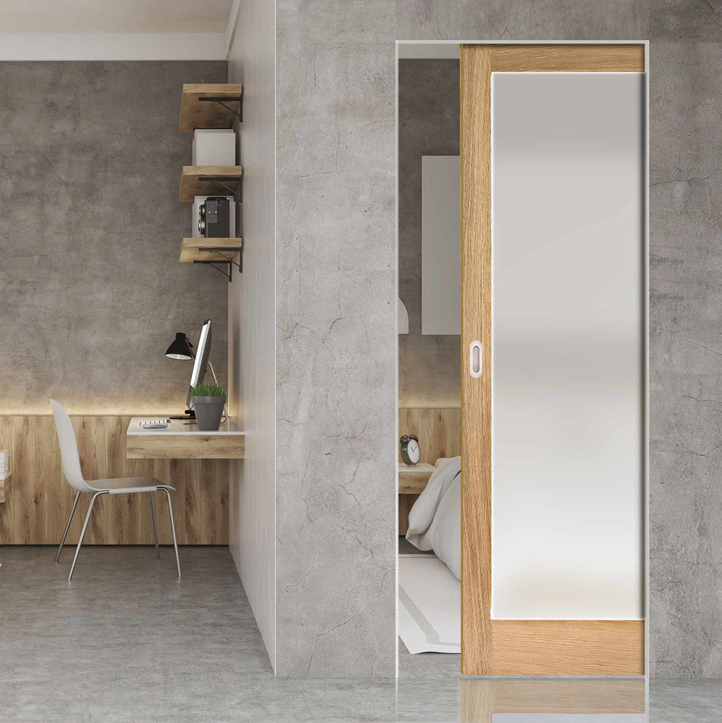 Pattern 10 Oak Absolute Evokit Single Pocket Doors - Full Pane Frosted Glass - Unfinished