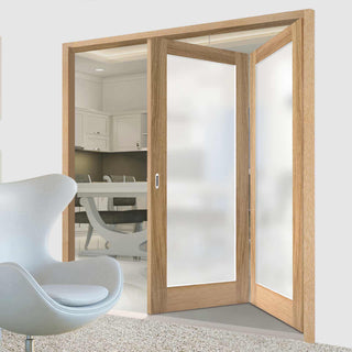 Image: Two Folding Doors & Frame Kit - Pattern 10 Oak 2+0 - Frosted Glass - Unfinished