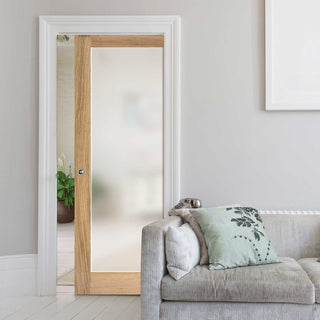 Image: Pattern 10 Oak Single Evokit Pocket Door - Full Pane Frosted Glass
