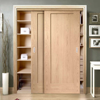 Image: Minimalist Wardrobe Door & Frame Kit - Two Pattern 10 Oak 1 Panel Doors - Unfinished