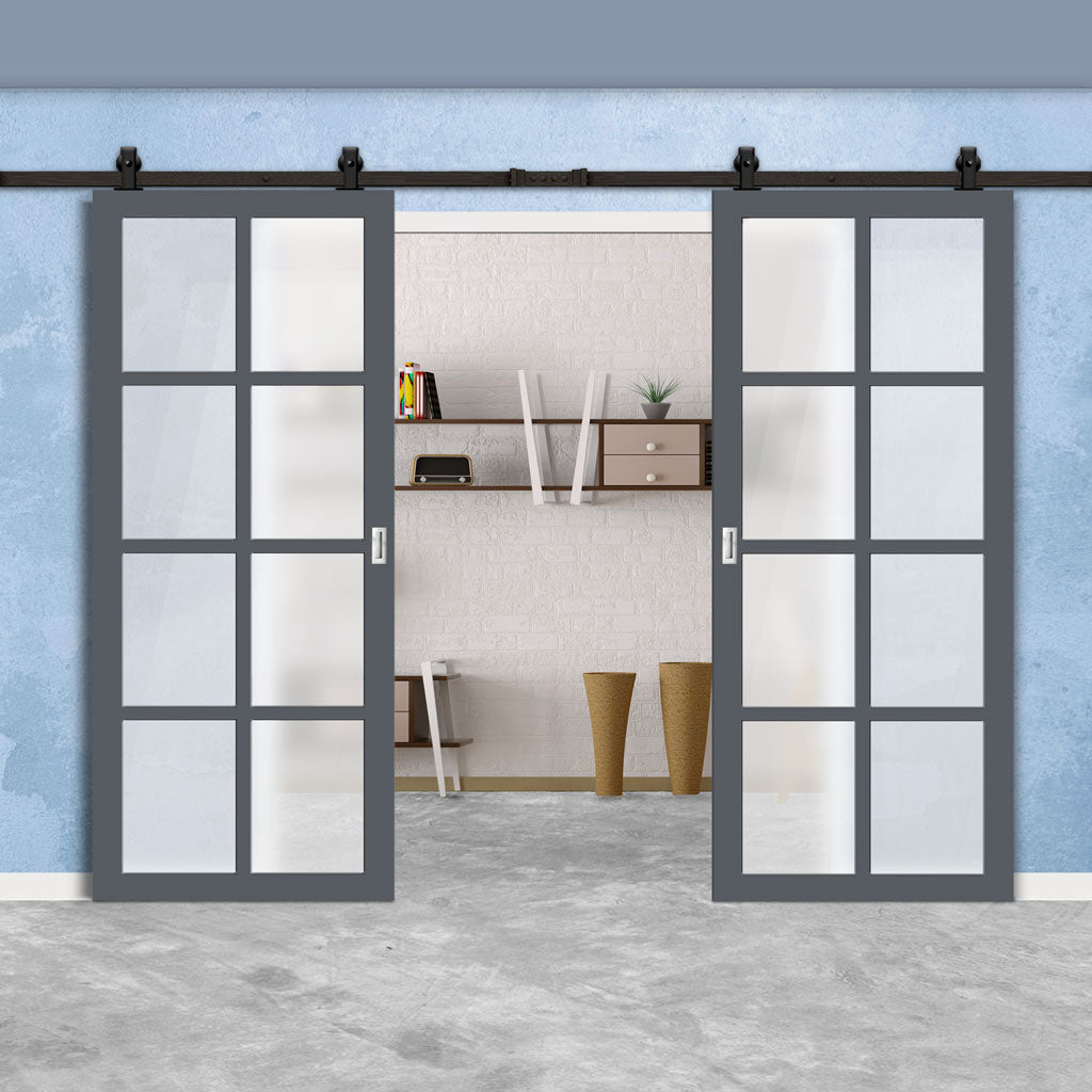 Top Mounted Black Sliding Track & Solid Wood Double Doors - Eco-Urban® Perth 8 Pane Doors DD6318SG - Frosted Glass - Stormy Grey Premium Primed