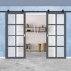 Top Mounted Black Sliding Track & Solid Wood Double Doors - Eco-Urban® Perth 8 Pane Doors DD6318SG - Frosted Glass - Stormy Grey Premium Primed
