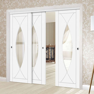 Image: Three Sliding Doors and Frame Kit - Pesaro Flush Door - Clear Glass - White Primed