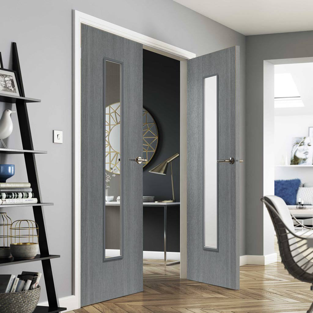 J B Kind Pintado Slate Grey Flush Door Pair - Clear Glass - Prefinished