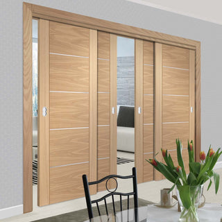 Image: Four Sliding Doors and Frame Kit - Portici Oak Flush Door - Aluminium Inlay - Prefinished