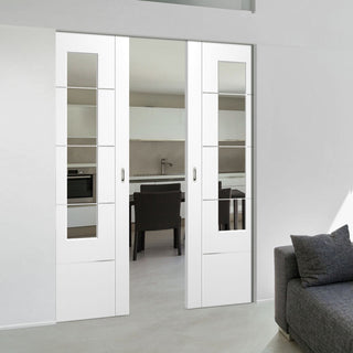 Image: Portici White Absolute Evokit Double Pocket Door - Clear Etched Glass - Aluminium Inlay - Prefinished