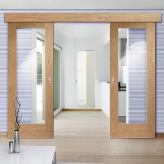Image: Double Sliding Door & Wall Track - Pattern 10 Oak 1 Pane Doors - Clear Glass - Prefinished