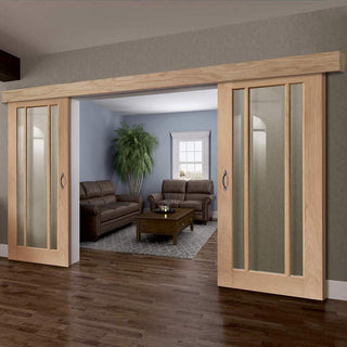 Image: Double Sliding Door & Wall Track - Worcester Oak 3 Pane Doors - Clear Glass - Prefinished