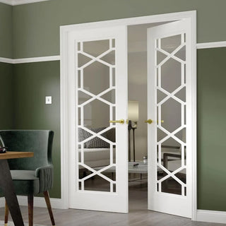 Image: JB Kinds Shaker Quartz Internal Door Pair - Clear Glass - White Primed