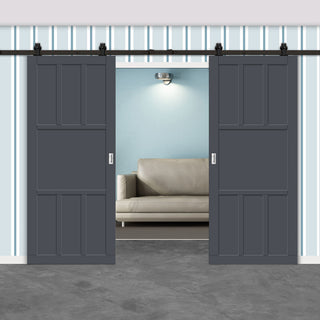 Image: Top Mounted Black Sliding Track & Solid Wood Double Doors - Eco-Urban® Queensland 7 Panel Doors DD6424 - Stormy Grey Premium Primed
